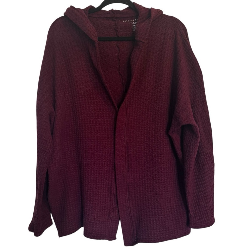 American Eagle Maroon Waffle Knit Open Front Medium Hooded Cardigan